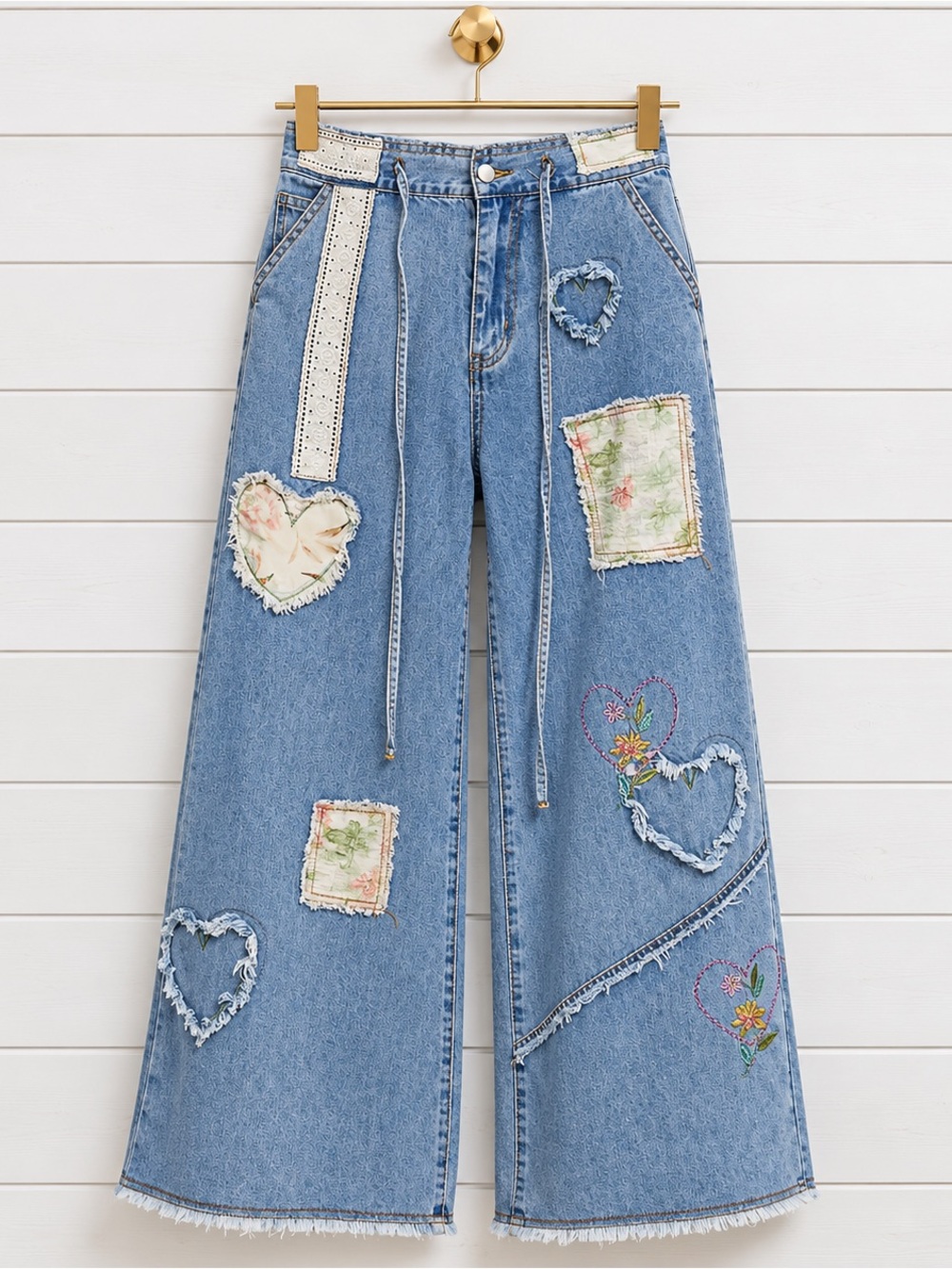 NEW “The Precious Heart” Patchwork Heart /floral Wide-Leg Women's Denim